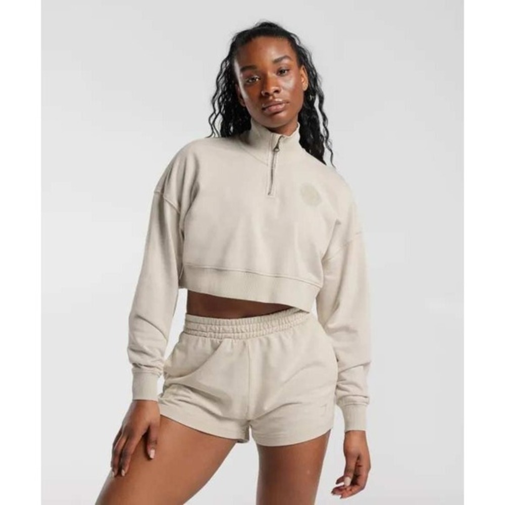 Gymshark Mushroom Color Cropped‎ Quarter Zip Sweatshirt Athletic Pullover Size S